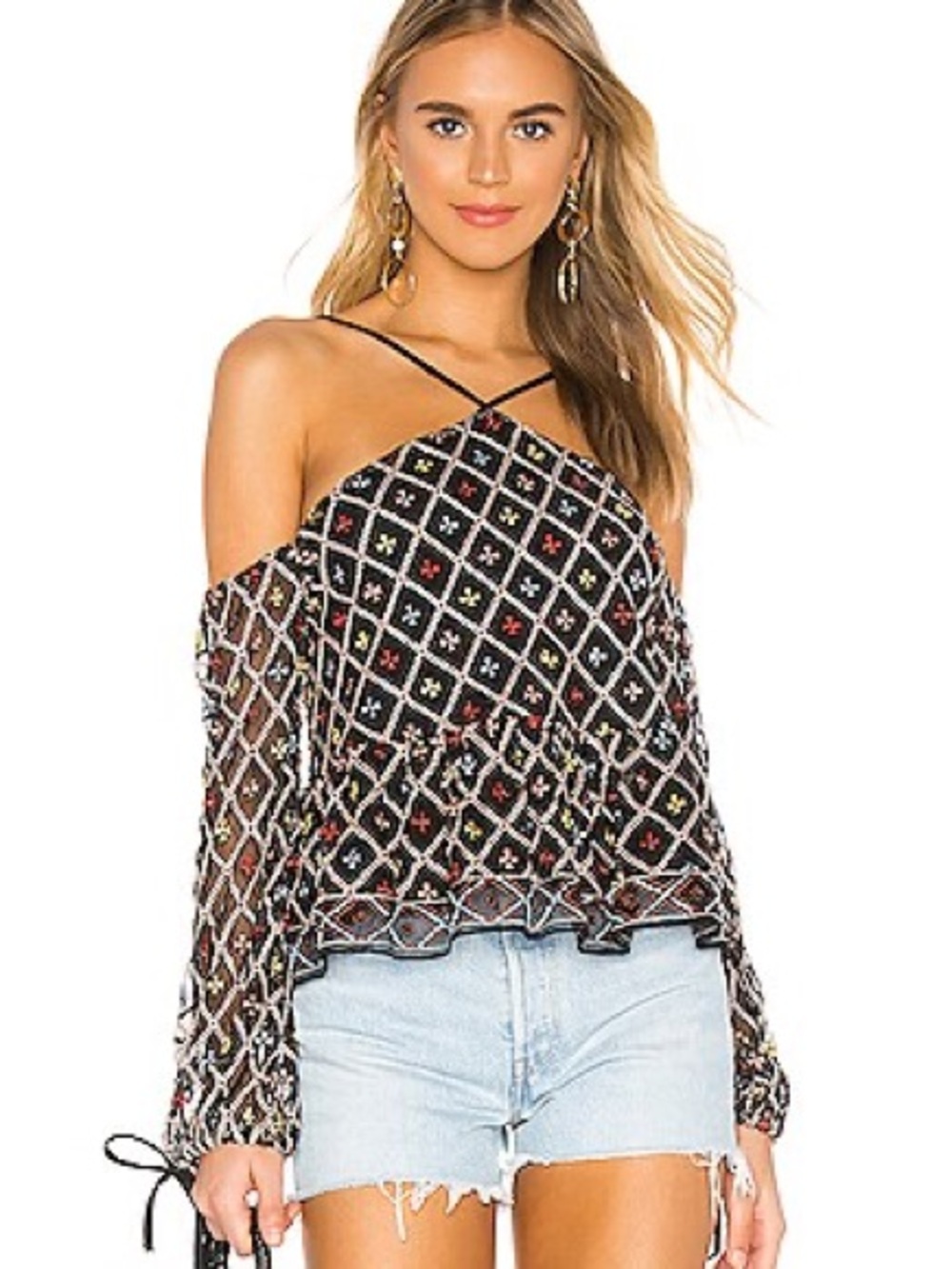 Tularosa Black Off-Shoulder Mesh Top with Multicolor Diamond Motif